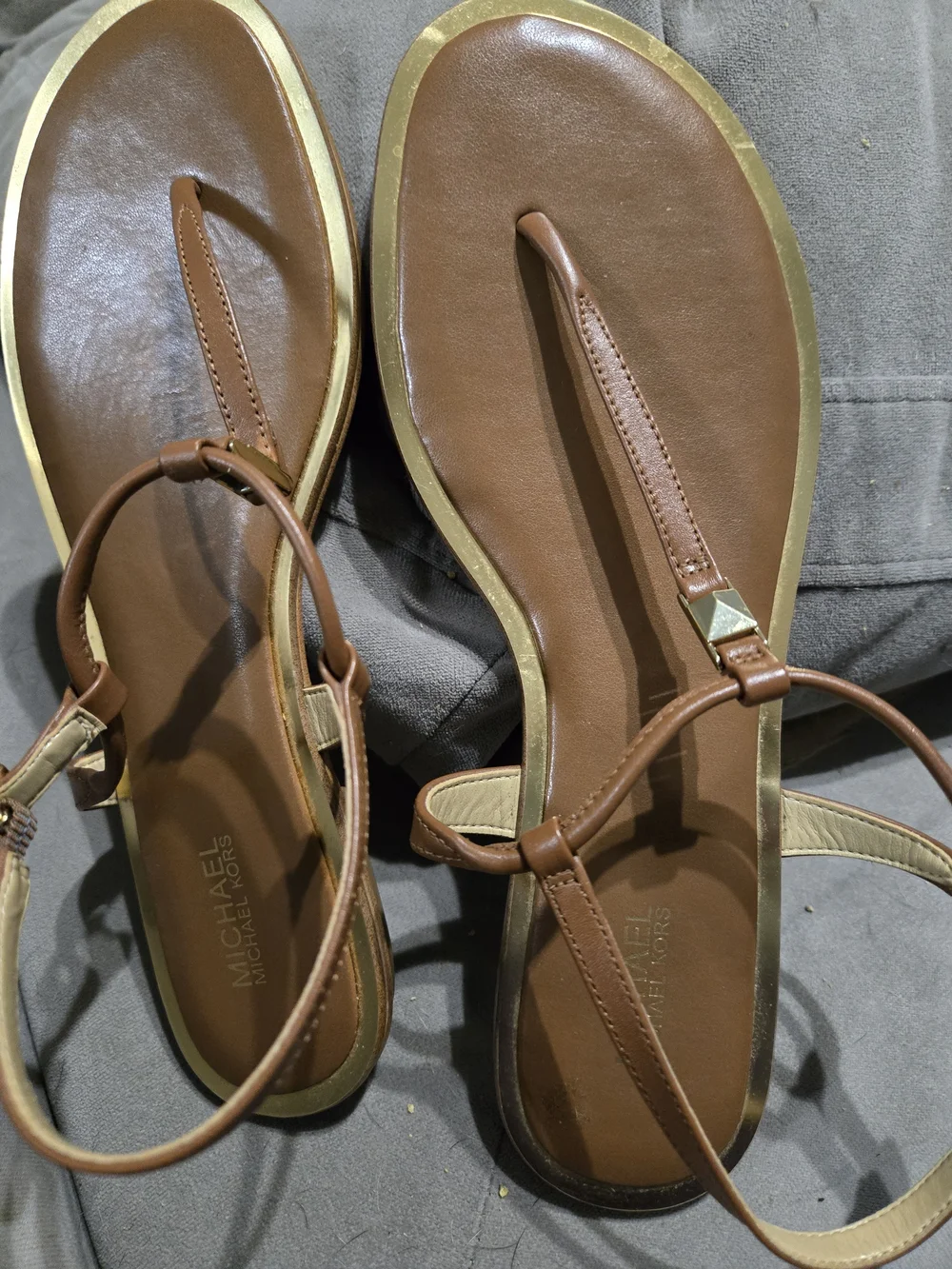 Michael Kors Brown Leather T-Strap Sandals with Gold Trim